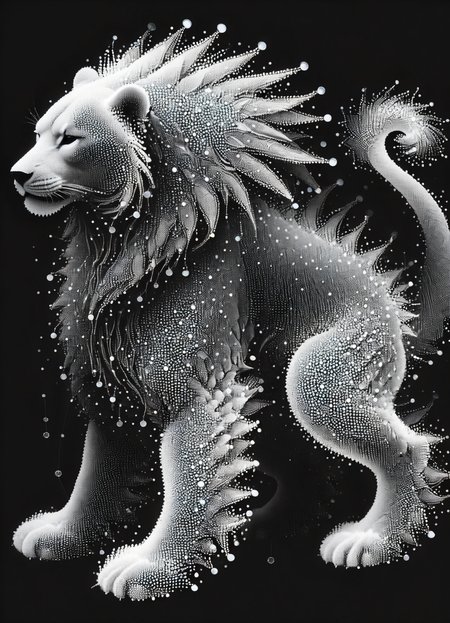 DonMD4t4D3ns1tyXL networked nautical spirit asian quadrupedal Sirrush,   icey
 , dot art, data density, monochrome <lora:DonMD4t4D3ns1tyXL-000008:1>