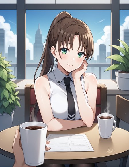 score_9, score_8_up, score_7_up, score_6_up, score_5_up, score_4_up, source_anime, rating_safe, BREAK <lora:sayakaMibuXL_LoRA-C3Lier_AdamW_Dim8_Alpha8_UN-3e-4_TE-1.5e-4_10batch_ponyDiffusionV6XL_v6StartWithThisOne:1>, sayaka mibu, 1girl, brown hair, long hair, ponytail, green eyes, medium breasts, sleeveless dress, white dress, black necktie, pantyhose, blush, light smile, hand on own face, head tilt, looking at viewer, elbows on table, pov across table, sitting, coffee, table, chair, cafe, potted plant, city, cityscape