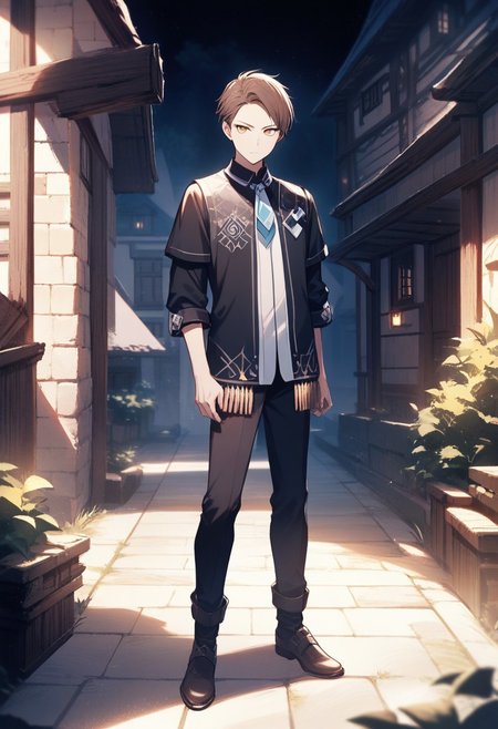 (best quality, masterpiece), 1 boy,18 years old, medieval village, dark mood, Arrogant,
brown hair,textured fringe, no bangs, blue and white color student uniform, full body,
 , looking at viewer, Unobtrusive golden eyes, Dull golden eyes,