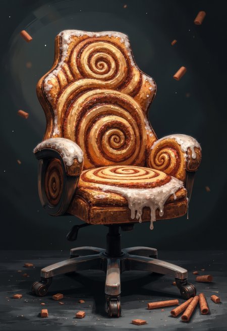 A gaming chair inspired by the famous Cinnabon cinnamon roll, featuring soft, indulgent, and cloud-like shapes. The backrest is tall and generously curved, resembling the thick, pillowy layers of freshly baked dough spiraling inward. The edges are golden brown with a slightly crispy texture, while the inner layers transition into a rich, gooey cinnamon hue, evoking the warm, sticky filling. The seat mirrors this design, with deep, plush contours that swirl inwards like a perfectly rolled pastry. The armrests flow smoothly, mimicking thick ribbons of icing oozing down the sides, while the headrest appears to be coated in a glossy glaze, dripping slightly over the edges. The sturdy five-section metallic base with caster wheels has a subtle, smooth texture reminiscent of a well-worn baking tray. The background is deep, dark, and slightly whimsical, emphasizing the chair’s luscious, mouthwatering presence.