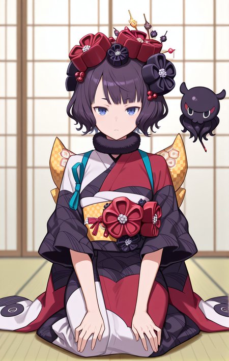 masterpiece, best quality, amazing quality, highres, absurdres, very aesthetic, high resolution, ultra detailed, perfect details, 1girl, solo, <lora:IL_Katsushika_Hokusai:1>, katsushika hokusai (fate), tokitarou (fate), oui, purple hair, blue eyes, hair flowers, hairpin, fur collar, japanese clothes, kimono, yellow obi, wide sleeves, closed mouth, indoor, tatami, full body, octopus, kneeling, looking at viewer, frontal view, expressionless, hands on knees, wariza