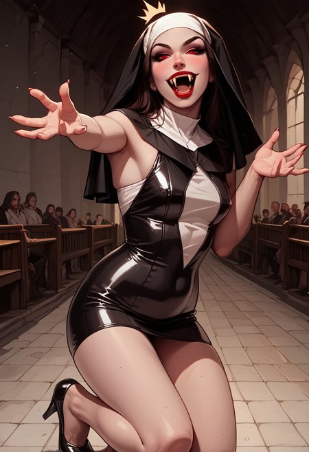 (score_9, score_8_up, score_7_up) high quality full length body image, head to toe, of a vampire nun with fangs wearing tight shiny black and white latex habit, black heels, black dress,dress, skintight covering her upper body, split up the side to show off her toned legs, slim toned body, beautiful face, open mouth smile, showing her two long vampire fangs, f4ng, small fangs, fangs,, looking at viewer with evil intent, reaching towards viewer with one hand, motioning viewer to come closer, blood red lips, very pale white skin, (vampire_seductress, 2_vampire_fangs, red eyes), inside a church, dark, night, fangs, menacing pose , handfixer