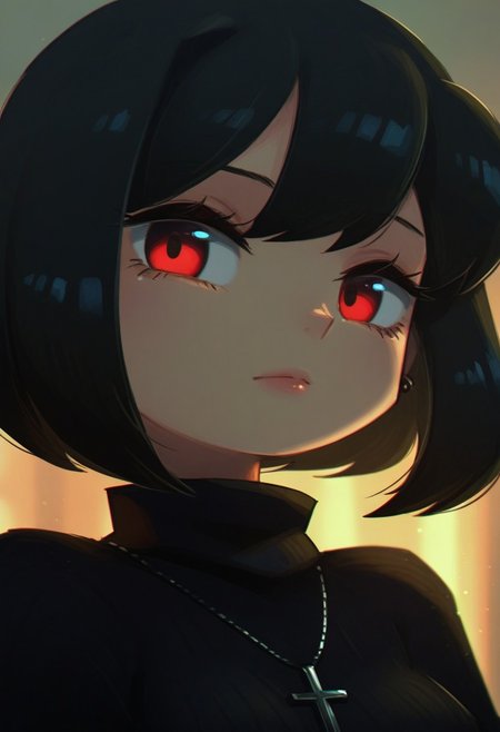 PRFRV Style, atmospheric lighting, 1girl, solo, short hair, black hair, jewelry, looking at viewer, necklace, cross, portrait, bangs, red eyes, closed mouth, turtleneck, blurry background, cross necklace, lips, piercing, blurry, bob cut, eyelashes