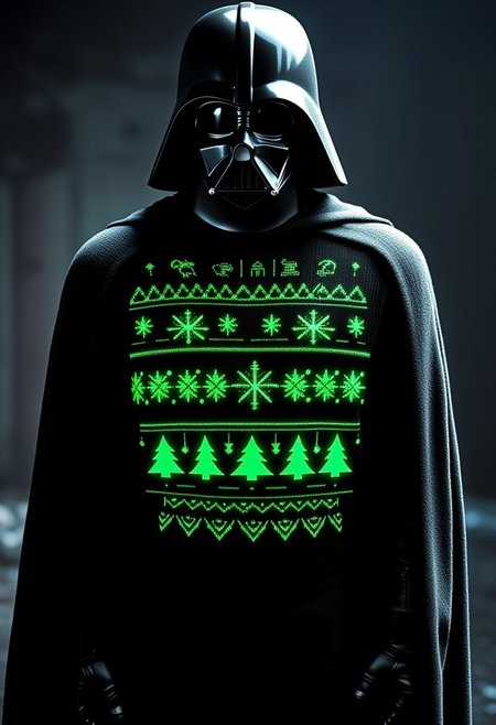 xmas_style_2K24, 
Darth Vader standing with his front to the viewer, wearing a cozy Christmas-themed black sweater adorned with glowing green festive patterns. The intricate design features symmetrical snowflakes, Christmas trees, and decorative geometric shapes, all softly glowing with a warm neon green hue. The sweater has a knitted texture with festive holiday details, and the characteras hood is up, creating a cozy winter vibe. The background is a dark, soft space that highlights the glowing Christmas lights on the sweater, evoking a cheerful holiday atmosphere