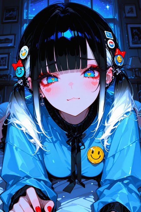 masterpiece, best quality, Good quality, very aesthetic, absurdres, newest,
BREAK
 1girl, solo, long_hair, looking_at_viewer, blush, black_hair,gradient hair,white hair,hair_ornament,:3, jewelry, twintails, blue_eyes,heart, earrings, blunt_bangs,  star_\(symbol\), 
BREAK
slutty,horny,sexually suggestive, 
BREAK
mole,mole_under_eye,frown, blush_stickers, red_nails, ear_piercing, short_twintails,straight-on, badge,extra_eyes, button_badge, sticker, smiley_face,
BREAK
((lying,full body,))(on_bed,indoors,dark,night)
BREAK
<lora:USNR STYLE_XL_loha:0.4> <lora:MoriiMee_Gothic_Niji_Style__Pony_LoRA:0.7> <lora:ppw_v7_Illuv1.0_1_r2:0.3> <lora:XXX477:0.6>