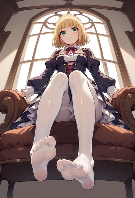 score_9, score_8_up, score_7_up, 1girl, shiny skin,no nsfw, white tights, dynamic pose, (soles), sitting, armchair, Victorian furniture , windows, chiaroscuro, side lighting, (((from below))), foreshortening,1girl,Sana Kashimura