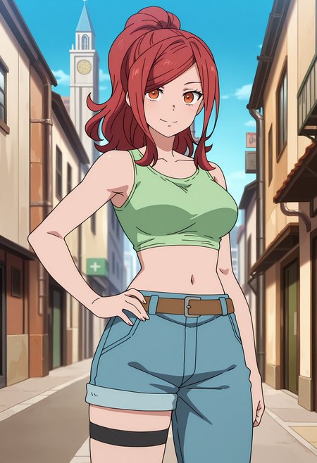 anime screencap, masterpiece, best quality,
<lora:EnenNoShouboutai_IsaribaLisa_IlluXL:0.9>,
1girl, solo, closed mouth, smile,
ponytail, swept bangs, long hair, red hair, orange eyes,
green tank top, medium breasts, crop top, navel, brown belt, asymmetrical legwear, blue pants, thigh strap,
hand on own hip, standing, looking at viewer, cowboy shot,
blurry background, outdoors, city, blue sky, industrial pipe, street, church