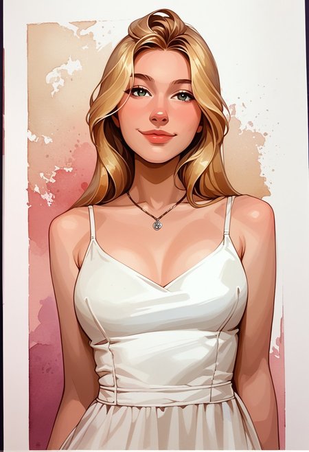 score_9, score_8_up, score_7_up, score_6_up, source_cartoon, 1girl, female, solo, soaking wet hair, smile, diaphonous white dress, bronze necklace, medium breasts, female focus, official style, close up, perfect anatomy, perfect face, standing,  abstract beauty, beautiful, centered, looking at the camera, approaching perfection, dynamic, moonlight, highly detailed, watercolor painting, artstation, concept art, smooth, sharp focus, illustration, portrait