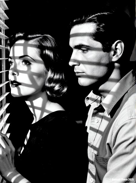 A woman with short hair and a man with slicked-back hair stand closely. The woman wears a dark top; the man wears a collared shirt. Light streams through blinds, casting striped shadows on their faces. They are positioned at a high angle.  cinematic black and white portrait inspired by Ansel Adams, woman gazing pensively past blinds, man embraces her, shadows create stark contrast, Fujifilm X100V, 23mm lens, f/2.8, shallow depth of field, dramatic chiaroscuro lighting, soft diffused light, volumetric shadows, subtle grain, medium shot, post-processed to enhance contrast, film noir aesthetic.<lora:_Flux\_Film-Retro\Film_Noir.safetensors:0.8000000000000002:0.8000000000000002>