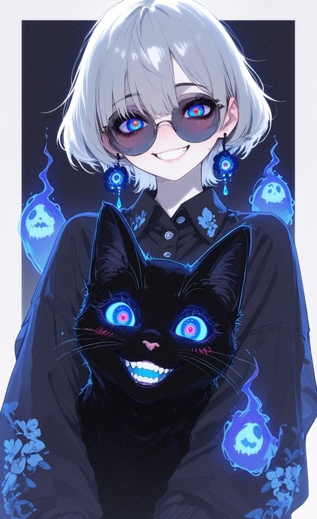 masterpiece, best quality, good quality, newest, highres, absurdres, black cat, whiskers, glasses, no humans, sunglasses, round eyewear, cat focus, looking at viewer, 1girl, solo, looking at viewer, blush, smile, short hair, blue eyes, shirt, long sleeves, jewelry, upper body, grey hair, flower, earrings, teeth, collared shirt, grin, black shirt, floral print, ghost, multicolored eyes, print shirt, xxx667_illu, glowing, tfaix, <lora:illustriousXL_stabilizer_v1.23:0.3> <lora:NOOB_vp1_detailer_by_volnovik_v1:0.3> <lora:ponyv6_noobE11_2_adamW-000017:0.3> <lora:XXX667:0.75> <lora:tenebriflora-wai:0.6>