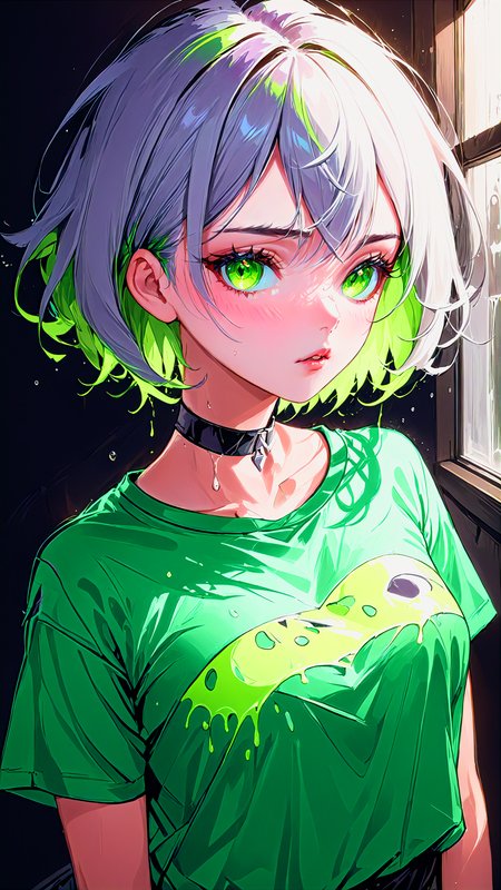raw photo, a cute furled brow girl, silver buzz cut, 28 years old, lip liner, liquid eyeliner, rough, choker, realistic skin texture, oversize t-shirt, (Spring Green:0.8), softcore, cold lighting, morbid atmosphere, trending on Pixiv style, fashion (spring:1.1), (nsfw:0.9), highly detailed photography, (muted colors, (Schizowave), <lora:Schizowave:1.6>, cinematic, dim colors, soothing tones:1.2), vibrant, insanely detailed, hyperdetailed, (dark shot:1.2)