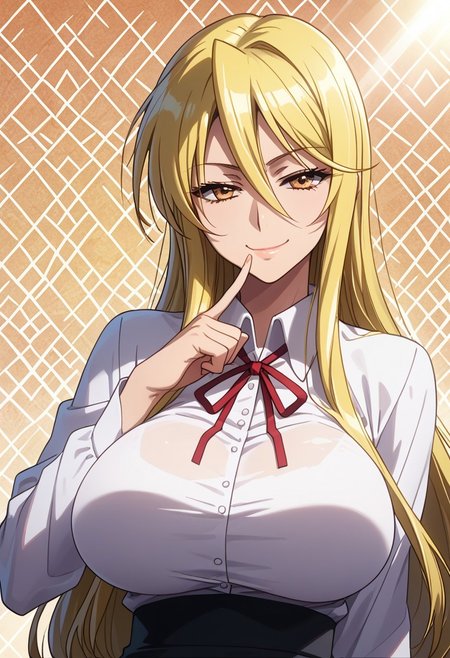 score_9, score_8_up, score_7_up, 1girl, solo, looking at viewer, anime coloring, upper body, close-up, portrait, 
<lora:Shizuka_Marikawa_Dwnsty:0.8>, shizuka_marikawa, blonde hair, yellow eyes, long hair, low-tied long hair, hair between eyes, sidelocks, white shirt, collared shirt, red ribbon, neck ribbon, black skirt, long skirt, pencil skirt, 
lips, huge breasts, light smile, mature female, finger to mouth, smirk, naughty face, 
sunlight, abstract background, argyle background, rainbow, heart, 
 <lora:Hotd_Artstyle_Dwnsty:0.7>