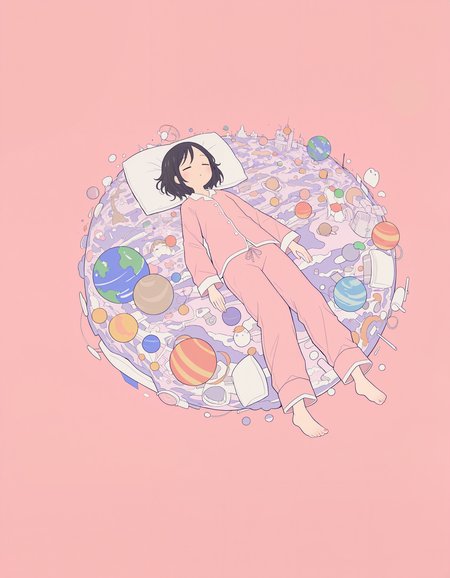 masterpiece,  best quality, newest, highres, absurdres,   <lora:hebitsukai_style:1>,hebitsukai_illu,  1girl, pink background, flat color, surreal, long sleeves, pillow, bed, short hair, solo, lying, pajamas, planet, simple background, closed eyes