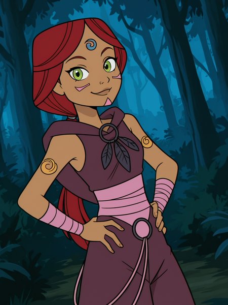 (masterpiece,best quality,newest,absurdres,highres), 4nn4Ma4t, 1girl, solo, long hair, green eyes, red hair, dark-skinned female, low ponytail, forest, hands on hips, smile, looking at viewer, <lora:Anna_Maht_IllustriousXL:0.9>