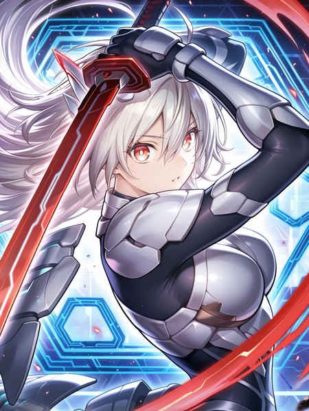 sky striker ace = zero, white armor, 1girl, solo, upper body, science fiction, looking at viewer, glowing, white pupils, floating hair, floating object, black bodystocking, holding red sword, red sword, floating shoulder armor, blue honeycomb \(pattern\), white hair ornament, white gauntlets, official art, pointing melee weapon, from side,
masterpiece,best quality,amazing quality,very aesthetic,absurdres,newest,<lora:Sky striker ace - Raye illusXL v1:0.7>,