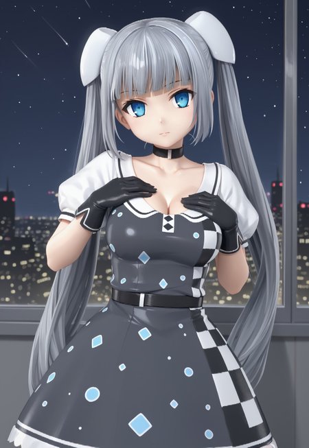 MMDress, long hair, puffy short sleeves, black gloves, twintails, grey hair, blunt bangs, black choker, blue eyes, grey dress, hair ornament, hairpods, checkered dress, collarbone, black belt, large breasts, 

looking at viewer, head tilt, closed mouth, hand on own chest, 

window, cityscape, billboard, neon lights, dark, night, night sky, 

1girl, solo, solo focus, highres, absurdres, light particles, backlighting, shade, light rays, lens flare, shiny skin, fine fabric emphasis,
