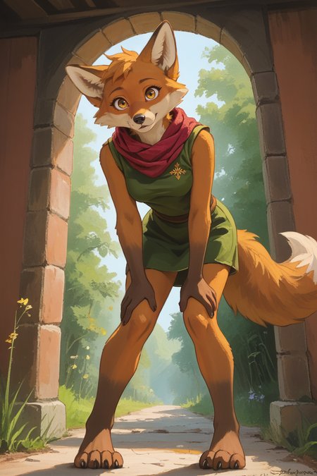 score_9,score_8_up,score_7_up,looking at viewer,forshotening,cute,short stature,from below, suoer low angle, dutch angle, 
1girl,fox girl,ruin seeker,solo,canid,yellow eyes,gold eyes,fox,anthro,breasts,orange body,dipstick tail,orange fur,brown feet,tail,tail markings,markings,green clothes,tunic,sleeveless,red scarf,miniskirt,short skirt,gold sparkle,
Bent over,hands on own thighs,
expressiveh,painterly,faux traditional media,
<lora:Expressive_H-000001:0.5>,<lora:incase_2024_style_v2:0.5>,<lora:VGC_TUNIC_XL:0.8>,<lora:Faux Oil Painting Style LoRA_Pony XL v6:0.7>,<lora:Zootopia_style:0.4>,