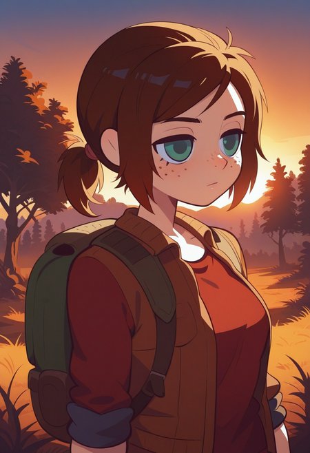 f11ph1style,  masterpiece,   best quality, solo, ellie\(the last of us\), green eyes, ponytail, freckles, wooded area, trees, backpack,,  red shirt, sunset, warm colors,