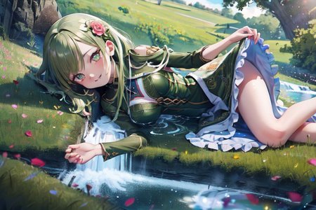 (masterpiece:1.4), 4K8K, (anime style), (high shutterspeed:1.4), (sharp edges), 
SyFyEye1, FanFo, 
1woman  hands togather,  leaning foward, face focus, smile, closed mouth, 
wearing Celtic style dress, (Detailed face, Detailed eyes, Detailed lips), (solo), 
olive hair, any colored roses, Fantastic, grass firld, river-side,