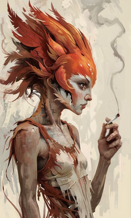 A digital painting of a humanoid creature with a bird-like head holding a cigarette wearing tattered clothes  <lora:- NAI - PdJ_highres_counterweight_V.2.0-step00021000:0.7>   <lora:- NAI - ac_illustration_V1.0-step00011000:.6>