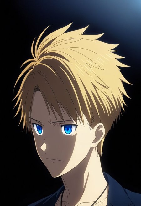 high resolution, professional photography, solo, best quality, 1Boy, Yamato Ishida, Blond Hair, Deep Blue Eyes, Necklace, cool, Mysterious black background, Movie lighting, a sense of atmosphere, OverallDetail