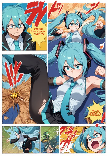score_9, score_8_up, score_7_up, score_6_up, score_5_up, score_4_up, anime source, 
 <lora:DBBattle_Pony_V2:1>DBBattle, (duel:1.25), (comic:1.25), battle, emphasis lines, speed lines, motion lines, !?, !!, style parody, 
Frame, Text, English Text, speech bubble, trembling, focus line, vibrating line, comic expression, Sound effect, 
1 girl,  girl forcas, 2+ boys, Monster Boy, Creature Boy, Mutant Boy, 
 fighting stance, aura, flying, 
injury, torn clothes, 
cloud, cloudy sky, day, 
((kicking )), 
mikuhatsune, <lora:miku-hatsune-ponyxl-lora-nochekaiser:0.5>,
miku hatsune, ahoge, aqua eyes, aqua hair, crossed bangs, hair between eyes, hair ornament, headphones, long hair, twintails, mature female,
aqua necktie, black footwear, black skirt, black sleeves, boots, collared shirt, detached sleeves, grey shirt, necktie, pleated skirt, shirt, skirt, sleeveless, sleeveless shirt, thigh boots, tie clip,