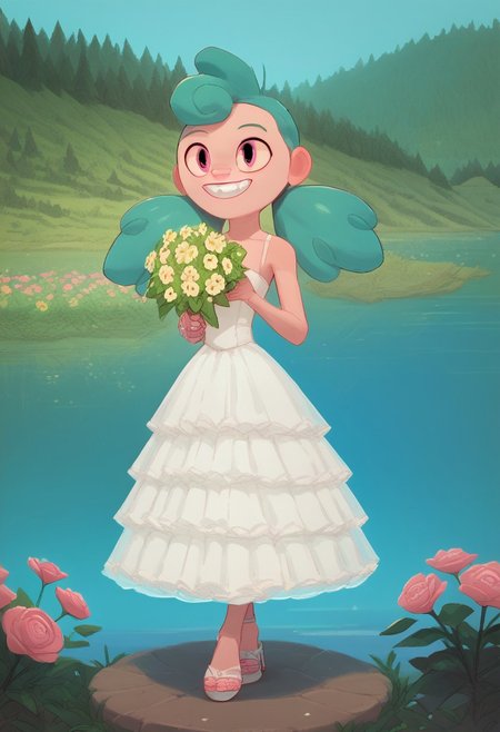 score_9, score_8_up, score_7_up, solo, 1girl,
turquoise hair, two pigtails, bright pink eyes,
happy, teeth smile, standing full body barefoot flat breast outdoors, lake, altar Wedding background, Wedding dress Wedding veil Wedding Ring high heels sandals holding Bunch of flowers