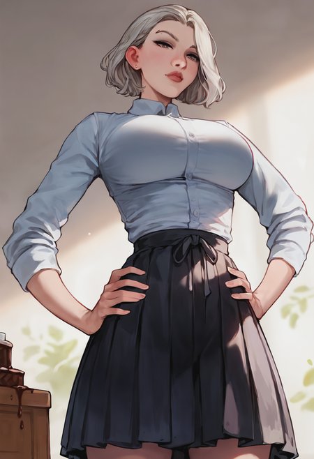 score_9, score_8_up, score_7_up, 1girl, mature_female, portrait, solo, Standing with hands on hips, from_below, (Chocolate hakama short skirt), Gray hair, cropped_torso, rating_safe, <lora:pony\artist_styles\aroma_sensei_pony:1.0>