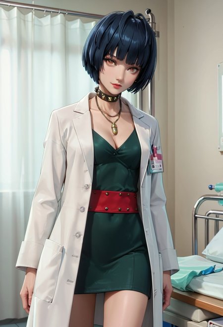 score_9, score_8_up, score_7_up, source_anime, 4n1v3rs3, (masterpiece, Highest quality:1.4), (beautiful, perfection, delicate, Complex:1.2), (cute, Fascinating), (Depth of written border:1.2), Realistic Face:1.2, 
1 girl, 30 years old, mature female,
p5tae, tae takemi, short hair, bob cut, bangs, labcoat, necklace, choker, studded collar, short dress, dark green dress, cleavage, red belt, gladiator sandals, platform footwear,
Hospital, examination room, examination table, standing, view from front. cowboy shot,