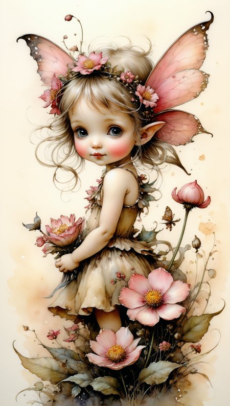 Beautiful little fairy girl on flower, flowers, by Jean-Baptiste Monge, beige - pink palette, watercolor and ink, intricate details, fantasy, beautiful, award winning, colorful, fantastic view, crisp quality<lora:xl_more_art-full_v1:0.5>