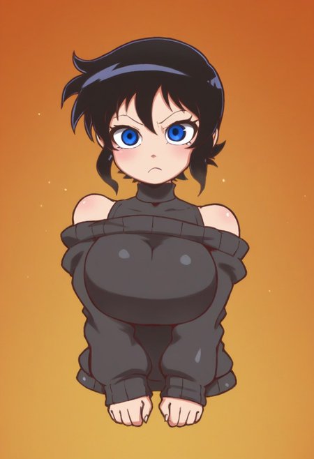 score: 7,8,9;
art by karasuchan, rinhee;
full body shot; intricate details; dynamic pose
best quality, amazing quality, soft, aesthetic, 2010s,
1girl, black hair, black choker, blue eyes, blush, breasts,
closed mouth, hair between eyes, special metal, large breasts, looking at viewer, off shoulder with sealing, short hair with bangs, sweater, turtleneck, upper body, big wings, eyes staring, rash, red, dynamic pose, hand pose (warlock), side eye, hero hands gauntlet 
hatching \(texture\), orange background, natural\black authentic background, solo, spot (red) color, hdr with ultimate colored background (include splash in many layers)
manga lineart, glowing
impressionism, pro
<lora:KarasuChanIllustriousXL_byKonan:1>