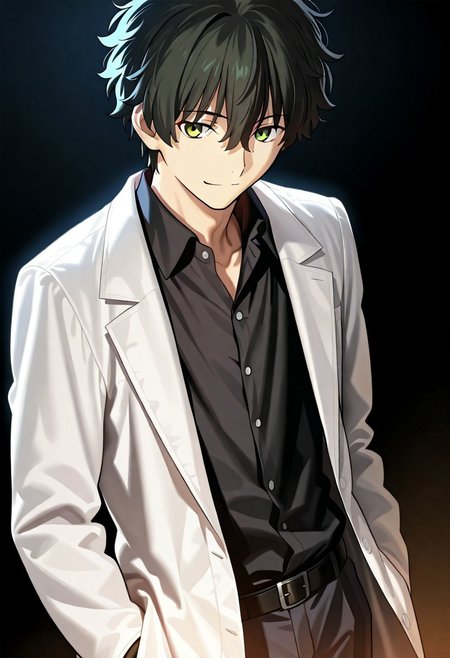 ((masterpiece, best quality, amazing quality, very aesthetic, absurdres)), 
Takeuchi takashi, ((solo)), ((detailed eyes)), calm, smile, closed mouth, 1boy, solo, peaceful, closed mouth,(((oreki_houtarou))), (((black hair, black hair, yellow eyes))), ((short hair, hair between eyes)), ((white labcoat, open labcoat, black shirt, collared shirt, black slacks))), no background, dark background, cowboy shot, dark background, portrait, looking at viewer