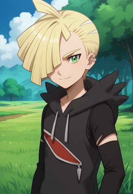 score_9, score_8_up, score_7_up, source_anime, highly detailed, 
gladion, 1boy, male focus, solo, blonde hair, green eyes, hair over one eye, 
closed mouth, smile, hoodie, hood, piercing, ear piercing, torn clothes,
upper body, ahoge, long sleeves, short hair, hood down,
outdoor, grass, trees, day,