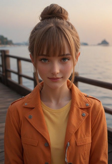 score_9, score_8_up, score_7_up, score_6_up, 
1girl, 25 years old, perfect face, (adult), sexy, close view, 
light brown hair, blunt bangs, hair bun,  
grey eyes, 
orange jacket, yellow shirt, 
pier,
blush, shy smile, portrait, face focus, depth of field, looking at viewer,