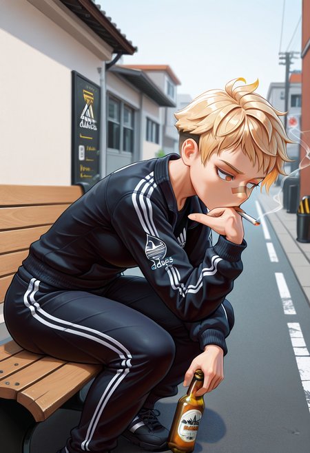 masterpiece, high quality, th1nk3r, 1girl, solo, cowboy shot, head rest, leaning forward, street, tomboy, patch on nose, very short hair, blonde hair, adidas, black sports outfit, cigarette, beer bottle, squatting, bench, long sleeves, pants,