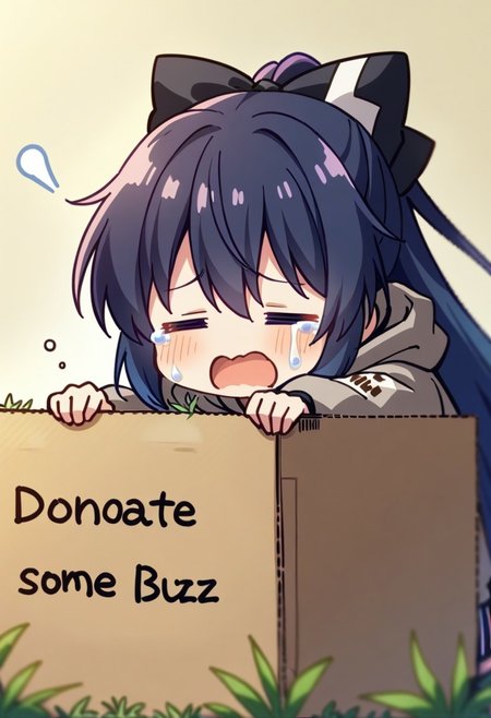 source_anime, high res image, masterpiece, best quality,
break,
(1girl)
(girl sitting in a cardboard boxwith text "donate some buzz"),
<lora:buzz-text:1>,
1girl, yorigami shion, upper body, 
hair_bow, upper_body, blue_bow, grey_hoodie, long_sleeves,
<lora:yorigami_shion_image2356_2023-12-20-000010:1>,
crying, =_=, 
break,
weeds, dirty, wind symbol