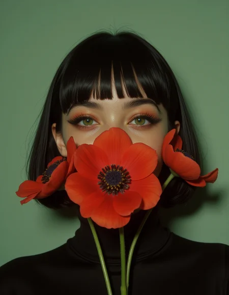 cinematic light, dramatic light, shallow depth of field, high budget, bokeh, cinemascope,A high-fashion portrait photograph of a young woman with a precise black bob haircut and straight bangs, captured in a studio setting against a muted sage green background. The subject's face is beautifully lit with professional studio lighting, emphasizing her clear eyes, freckled skin, and serene expression. She wears a black high-necked garment and holds two vibrant red anemone flowers with dark centers near her face, creating a striking color contrast. The image employs shallow depth of field and central composition, characteristic of contemporary fashion photography.4k, intricate details, highly-detailed, hyper-realistic, 8k RAW Editorial Photo. film grain ISO 200 faded film, 35mm photo, grainy, vignette,
with rays of sunlight breaking through the hazy atmosphere. a masterpiece. mythp0rt, 
 An otherworldly atmosphere.
(Depth of field), low saturation, detail. mythical, stylish, charismatic. ,
, masterpiece, ,Image quality, , CPA,
UNI_SCI_FI_CORE.
with yellow rays of sunlight piercing through the misty atmosphere. masterpiece. An otherworldly atmosphere, Mysticism. mythp0rt, UNI_SCI_FI_CORE.
(Depth of field),detail.  Stylish, charismatic.
Otherworldly atmosphere. aidmamj6.1
detail. mythp0rt, Stylish, charismatic.c.
 <lora:Akasha_Queen_of_the_Damned_F1-GMR:1>