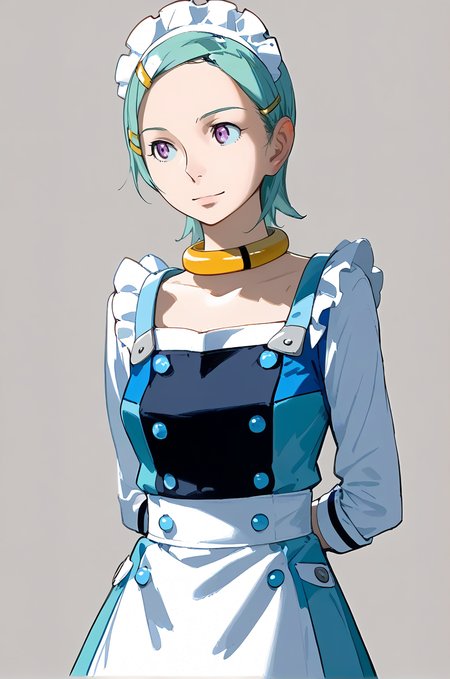 score_9,score_8_up,score_7_up, best quality, 4k, rating_safe, very aesthetic, safe pos, <lora:Eureka:0.9>, <lora:Eureka - Eureka Seven V5:0.1>, <lora:Eureka - Eureka Seven Astral Ocean:0.1>, eureka, (purple eyes:0.8), aqua hair, short hair, hair ornament, hairclip, (forehead:1), (mature female:0.7), 1girl, solo, medium breasts, black clothes, BREAK maid apron, BREAK maid, maid headdress, wrist cuffs, thighs, arms at back, cowboy shot, looking away, detailed, smile, closed mouth, front view, soft skin, detailed, modern, gray background, simple background, cinematic, flat color, official art, [illustration], [screencap], source anime, vibrant colors, saturation, <lora:Watercolor Anime Style LoRA_Pony XL v6:0.5> watercolor \(medium\), traditional media,