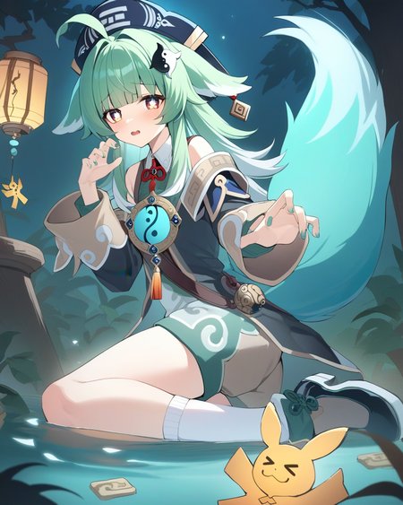 masterpiece,best quality,<lora:star_rail_all:1>,1girl, fox girl, green hair, yin yang hair ornament, ahoge, hat, shorts, tassel, absurdres, black footwear, fish, fox ears, green nails, highres, honkai: star rail, honkai \(series\), huohuo \(honkai: star rail\),  long sleeves, paw-shaped pupils, tail \(honkai: star rail\), white socks, yellow eyes