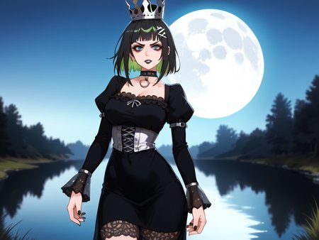 score_9,score_8_up,score_7_up, <lora:PONY_FP32_Realism:1> , 1girl, solo, tilted angle, rim lighting, angry glare, (goth, black lipstick, silver jewelry, silver piercings, black mascara, black eyeshadow), (average build),short stature, black hair green highlights,choker, (pearly white glowing skin), soft arms, heavy breasts, narrow waist, curvy hips, thick thighs, (floating), arcane lake, (long sleeves, puffy sleeves, black dress, lace dress, large crown,), <lora:Tonyman_Plus__Tonyman_Art_Style_Pony:1> t0nym4n