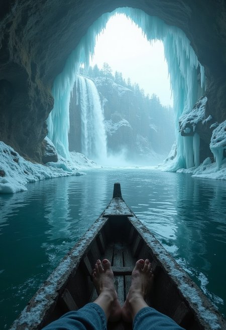 First-person view from a shivering pilgrim’s position in a ceremonial iceboat, bare feet slipping on frost-slick wood. The camera spins as you pass a frozen waterfall, while the reflection of a sacred cave’s entrance shimmers in a frost-encrusted amulet. A sudden roar reveals the waterfall collapsing, mirrored in the amulet’s facets. Twist: The icefall crushes the boat’s stern, forcing you to crawl across tilting debris, while the shattering ice blooms like spiderwebs.