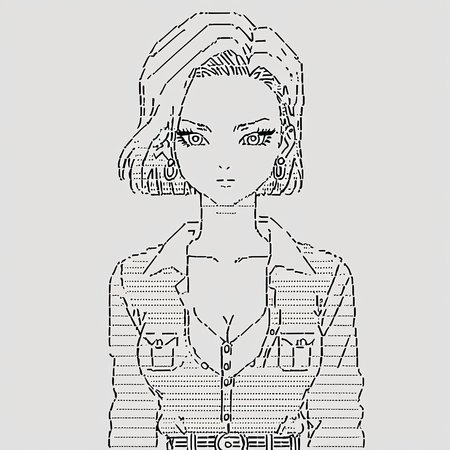 score_9, score_8_up, score_7_up, score_6_up, score_5_up, score_4_up,  <lora:android-18-ponyxl-lora-nochekaiser:0.8> ,android 18, eyelashes, hoop earrings, short hair, earrings, belt, legwear, shirt, breast pocket, cleavage, collarbone, jewelry, long sleeves, pocket, shirt, shirt tucked in, 1girl, <lora:ascii_character:0.8>,  ascii_art_style, monochrome, greyscale, masterpiece, highres, white background, simple background