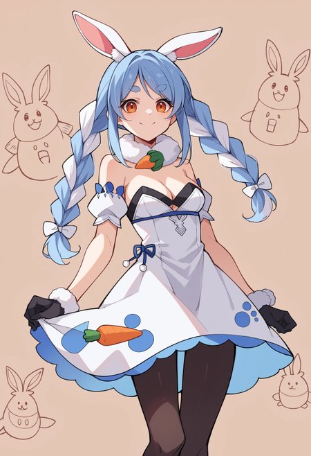 score_9, score_8_up,score_7_up, source_ anime, lineart, sketch,PekoraBase, smiling, holding carrot, orange eyes, thick eyebrows, rabbit ears, two-tone hair, blue hair, white hair, long hair, twin braids, hair ornament, fur collar, white dress, fur-trimmed dress, bare shoulders, black leotard, strapless, cleavage, detached sleeves, puffy short sleeves, black gloves, black pantyhose, 
<lora:Potat-lineart_sketch_v1-USENEG:-0.9> <lora:ChamUsadaPekoraPonyXL:0.8>