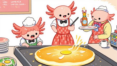 pikaole, axolotl, crayon, A group of four axolotls, all in matching diner uniforms with bowties, are busy flipping oversized pancakes on a huge griddle. One axolotl, holding a spatula almost as big as itself, is struggling to flip a pancake thatâs far too large, while another axolotl, in a red-checkered apron, watches anxiously, holding a bottle of syrup as tall as it is. The third axolotl, in a white paper hat, is at the register, standing on a stack of menus to reach the buttons. The last axolotl, in a yellow apron, rushes around with plates balanced on its tiny arms, trying not to drop anything as the bustling diner fills with orders., happy axolotls<lora:Axomodel_Flux_V1.1.safetensors:0.85:0.85> <lora:Pikaole v2 (FLUX)_v2_E6.safetensors:0.75:0.75> <lora:qiu_crayon.safetensors:0.8:0.8>