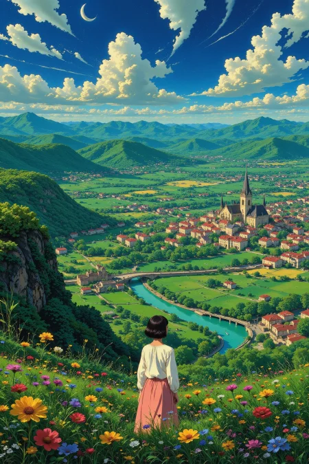 Hungarian beautiful  landscape, noon, woman, very intricate, very detailed, sharp, bright, colorful, <lora:Hand v2:0.5> <lora:Anti-Blur:1><lora:Insane Detail Slider:0.25>  <lora:flux.1_lora_flyway_Epic-detail_v2:0.3> <lora:fluxenhancer:0.25> <lora:Anime_style:1> anime style