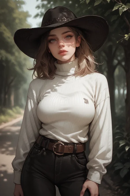 1girl, monochrome, solo, greyscale, hat, , pants, looking at viewer, blurry, blurry background, outdoors, belt, long sleeves, turtleneck, hand on own hip, cowboy shot, medium hair, tree, breasts, closed mouth, hand in pocket, sweater, standing, medium breasts, long hair, , nose, photo background, depth of field, lips, zPDXL3, detailxl,  Score_PnyReal,