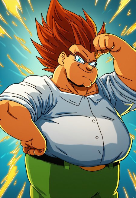 <lora:PeterGriffinPony1.0 (1):1>peter, glasses, fat, 1boy, white shirt, solo, brown hair, green pants, belt, smile, looking at viewer, hand on own hip, cowboy shot,, score_9, score_8_up, score_7_up, score_6_up, score_5_up, score_4_up, super saiyan hair, glowing eyes, flexing arms, power stance, super saiyan armor, power burst, energy exploding,. lightning bolts,((fat man,cleft chin))