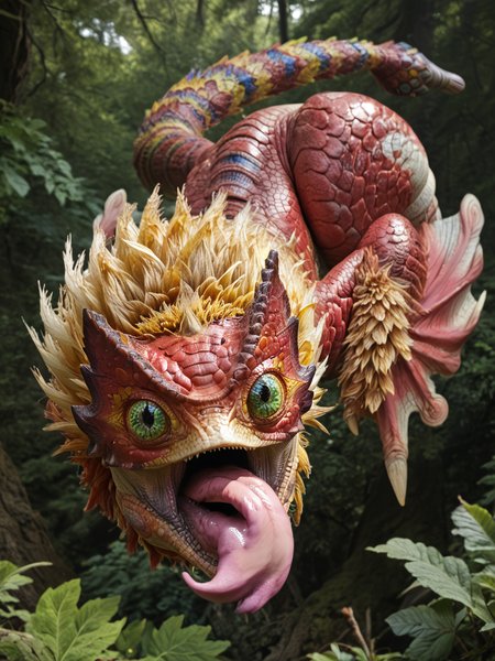 <lora:MH_PukeiPukei_a1_10_PonyXL:.9>, score_9,score_8_up,score_7_up, nature photography,  (close_up shot, portrait),cropped photo, face focus, hardlight,
pukeipukei,feral,solo,hi res,detailed background,forest, green eyes,(slit pupils:0.7),tongue out,long tongue,low-angle view,forked tongue,winged arms,(raised tail),detailed eyes,red body,blonde hair,flying,blue
, bloom, subsurface scattering, sharp hyper detailed, (shiny metallic skin:1.2), (ultra-detailed short_fur small_scales:1.1), bright highlights, <lora:RM_Enhancer_v1.0_bf16:.1>  <lora:p:.2> <lora:Add_More_details_SD3:.5>