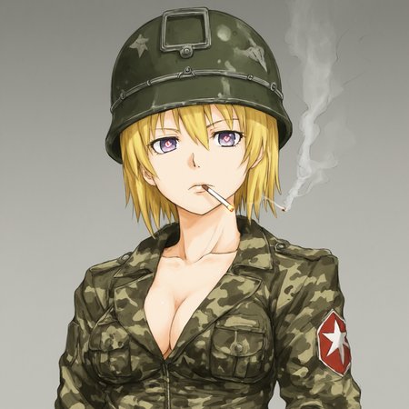 <lora:SlimesAtsushiOhkuboStyle:1>, slimes_atsushistyle, woman, portrait, short blonde hair, camo jacket, helmet, breasts, smoking cigarette, crosshair-shaped pupils, barracks background, art by Atsushi Ohkubo