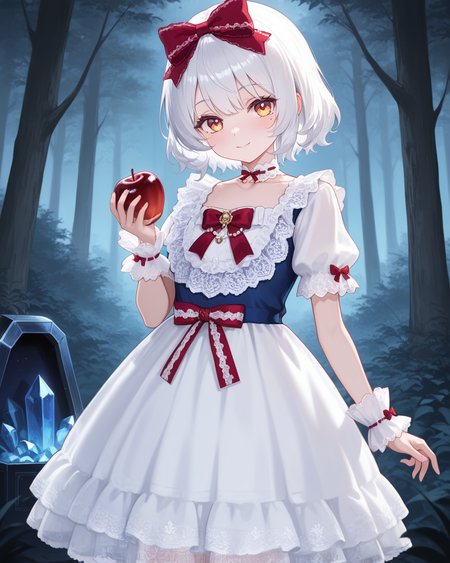 Positive: Masterpiece, best quality, amazing quality, very aesthetic, high resolution, ultra-detailed, absurdres,
1girl, solo, 
subanxia,
short hair, white hair,red eye,yellow eye,mole under eye, looking_at_viewer,light_smile,  
blue top white skirt red bow vintage lace dress,
white skirt,short sleeves,puffy short sleeves,frills,wrist cuffs,lace,apron,blue vest,ribbon,red bow,choker,
hair bow,
holding an apple,
standing, cowboy_shot,
enchanted forest, crystal coffin, poisoned apple, foggy glade,wooden_horse,    
